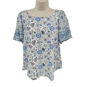 Lucky Brand Shirt Women L White Blue Floral Boho Peasant Short Flutter Sleeve